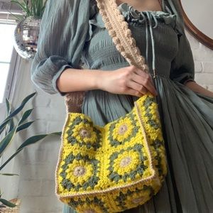 Cottagecore Fairy Core Crochet Granny Square Sunflower Bag Yellow Green Floral